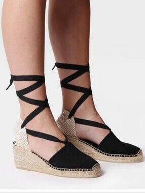 Toni Ponz Black Lace-Up Espadrille Wedge Shoes Size 37 6.5